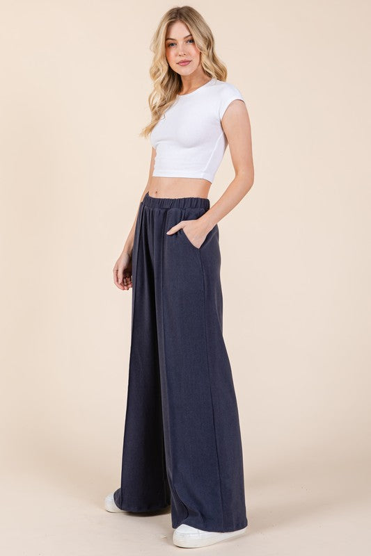 Elastic Waist Wide Leg Pants with Pockets - online only