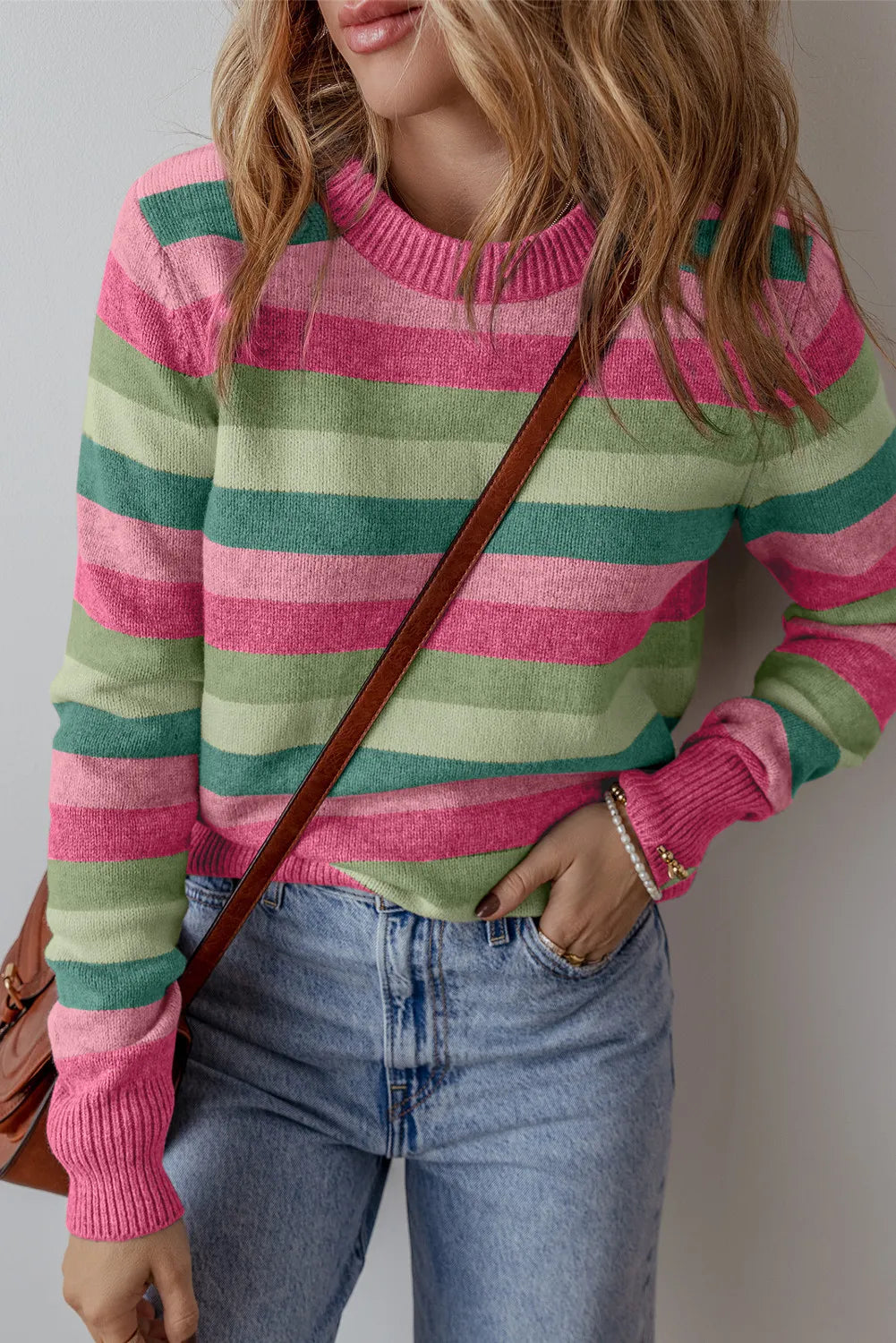 Striped Round Neck Long Sleeve Sweater - online only