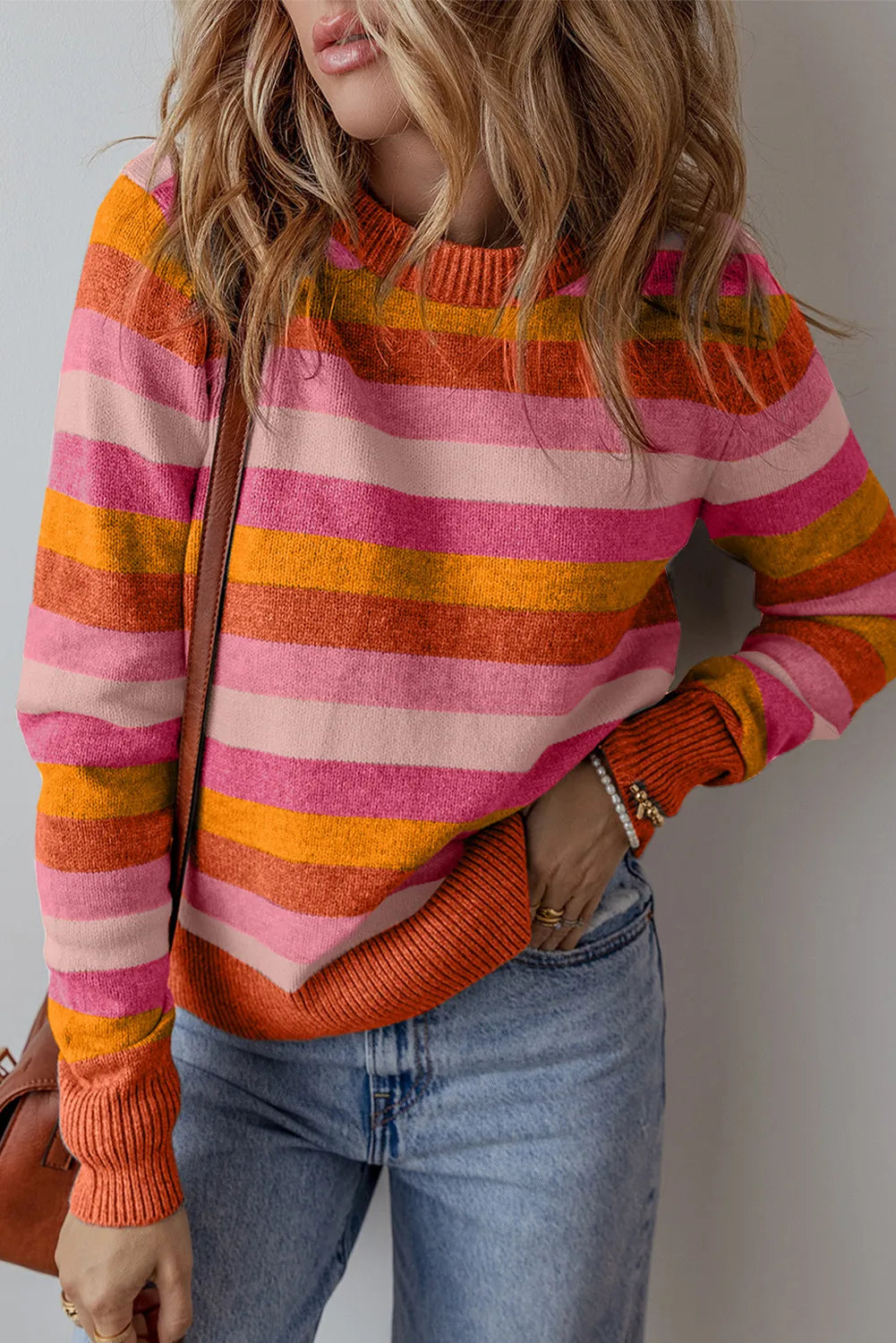 Striped Round Neck Long Sleeve Sweater - online only