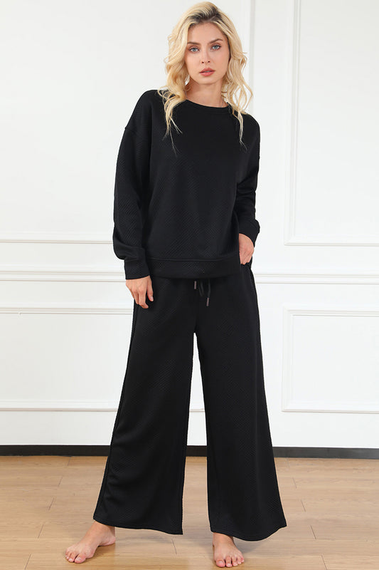 Double Take Full Size Textured Long Sleeve Top and Drawstring Pants Set - online only