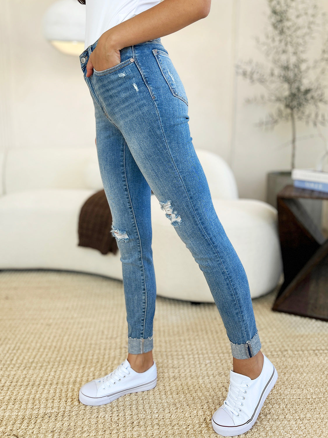 Judy Blue Full Size Mid Rise Destroy & Cuff Skinny Jeans - online only