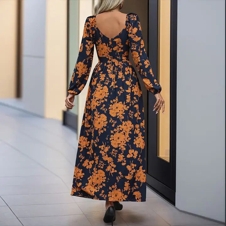 Floral Navy Blue & Orange V-Neck Dress