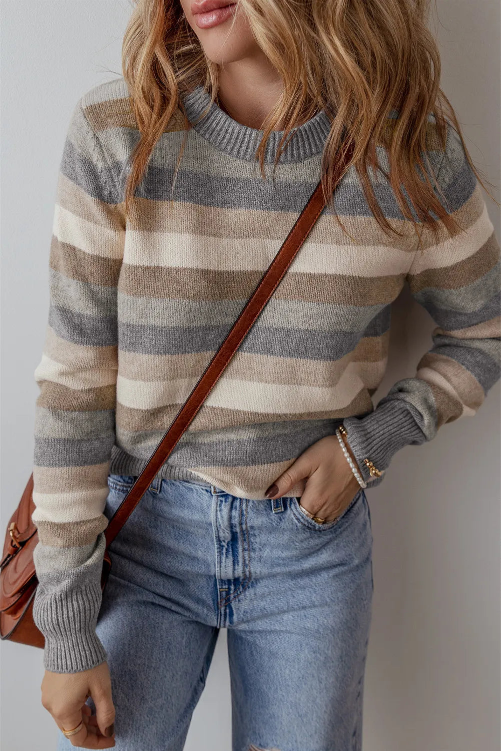 Striped Round Neck Long Sleeve Sweater - online only