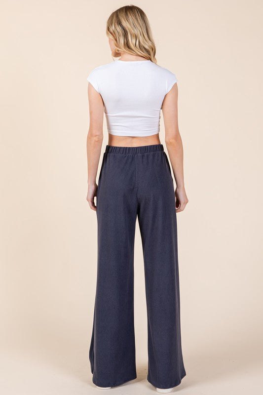 Elastic Waist Wide Leg Pants with Pockets - online only