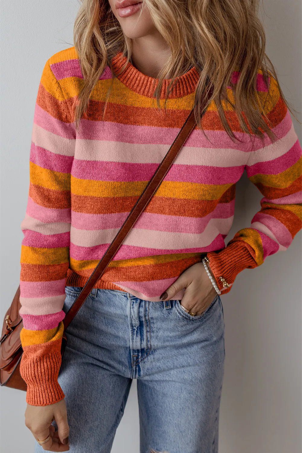 Striped Round Neck Long Sleeve Sweater - online only