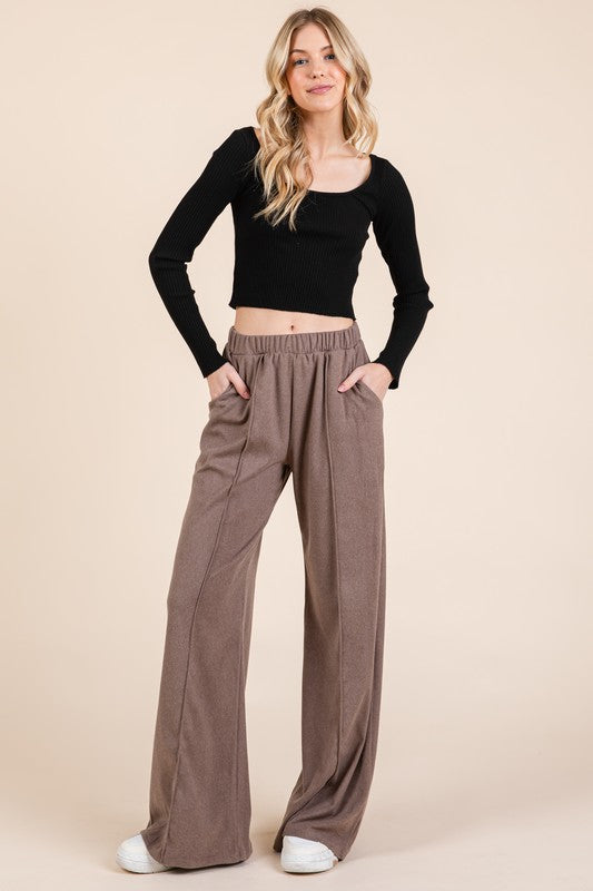 Elastic Waist Wide Leg Pants with Pockets - online only