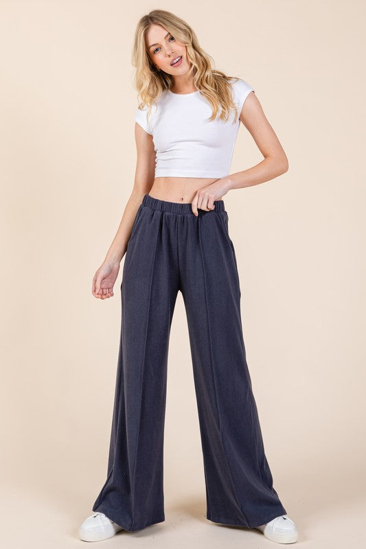 Elastic Waist Wide Leg Pants with Pockets - online only