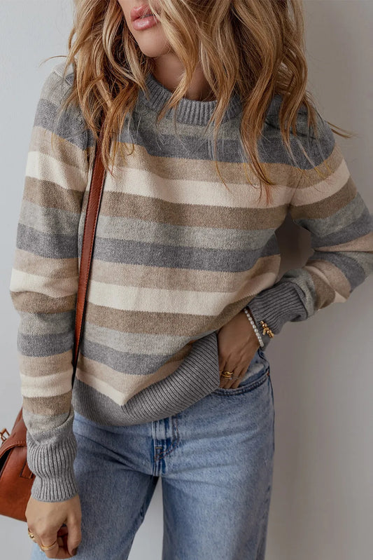 Striped Round Neck Long Sleeve Sweater - online only